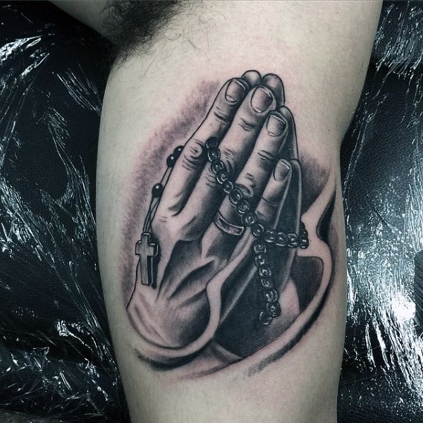 Bicep Guys Praying Hands Tattoo With Rosary Beads