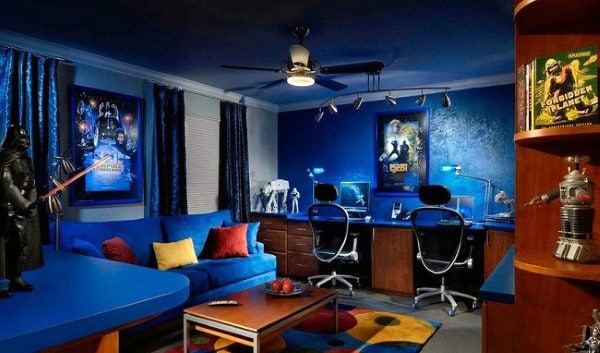 man cave game room with blue LED light