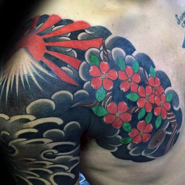Floral Mens Rising Sun Japanese Cloud Sleeve And Chest Tattoo