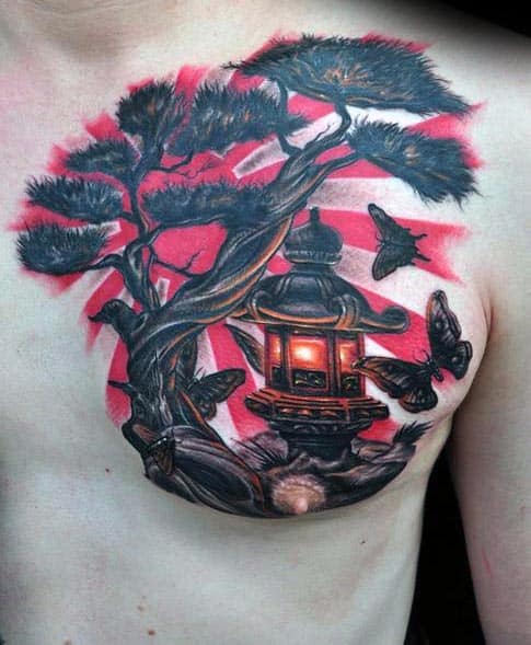 Lantern With Bonsai Tree Rising Sun Mens Upper Chest Tattoos