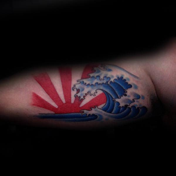 Mens Bicep Rising Sun With Blue Ocean Waves Japanese Tattoo Designs