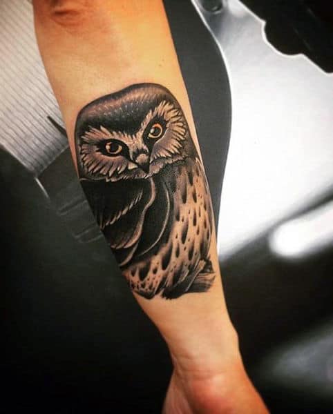 Men's Owl Simple Tattoos On Outer Forearm