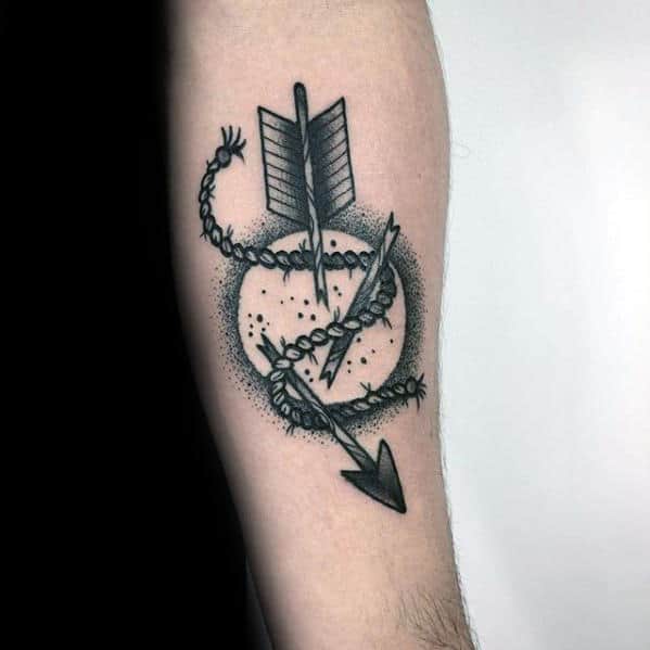 Moon With Broken Arroow Traditional Retro Male Inner Forearm Tattoo