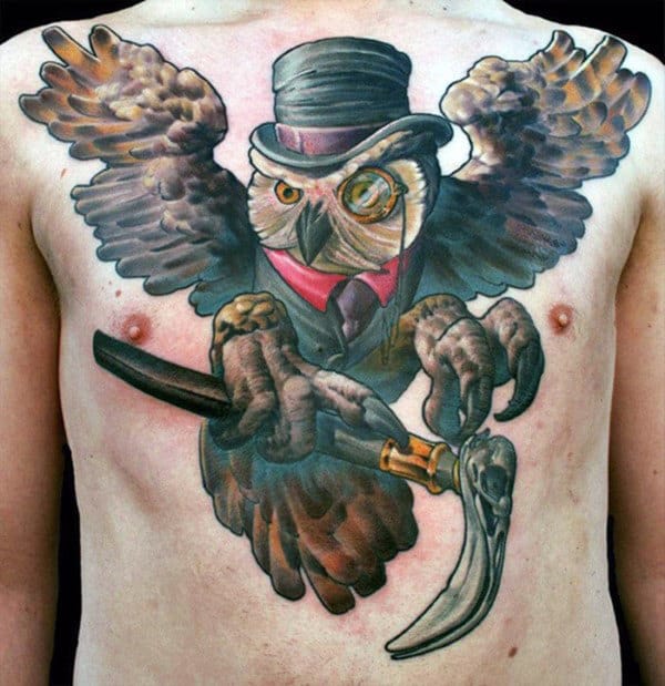 Owl With Hat Chest Men's Tattoo