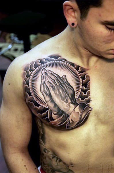 Praying Hands Tattoo On Chest For Men