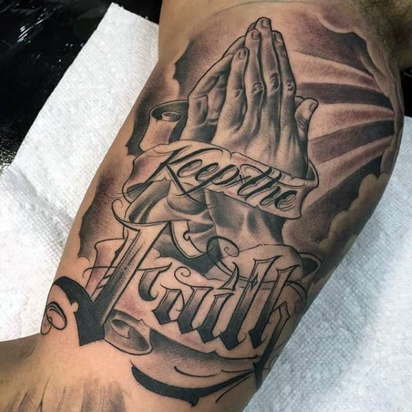 Praying Hands With Clouds Tattoo For Men On Bicep