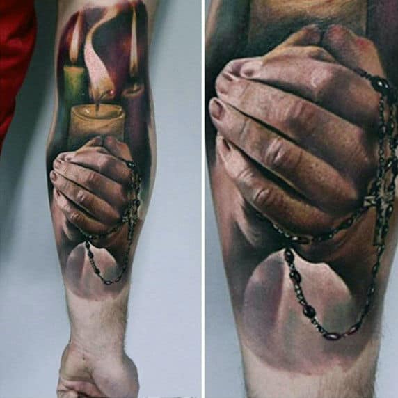 Realistic 3d Cross And Praying Hands Tattoos For Males With Candle Light Design