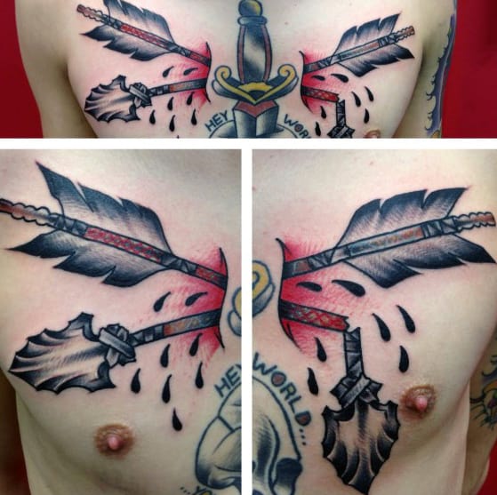 Traditional Broken Arrow Guys Chest Tattoos