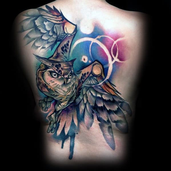 Watercolor Flying Owl Male Back Tattoo Designs